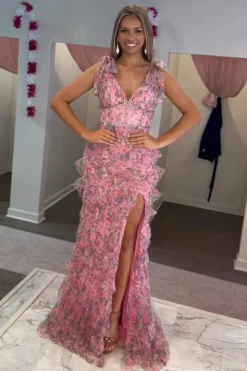 Floral Corset Fuchsia Tulle Deep V-neck A Line Tiered Long Prom Dress