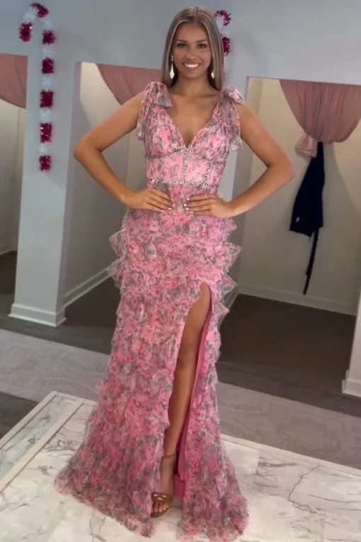 Floral Corset Fuchsia Tulle Deep V-neck A Line Tiered Long Prom Dress