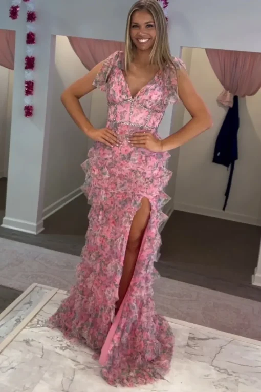 Floral Corset Fuchsia Tulle Deep V-neck A Line Tiered Long Prom Dress