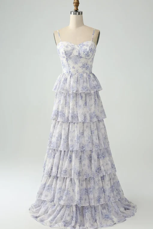Floral Printed Tiered Long Corset Prom Dress