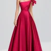Fuchsia A-Line One Shoulder Bow Satin Long Formal Dress