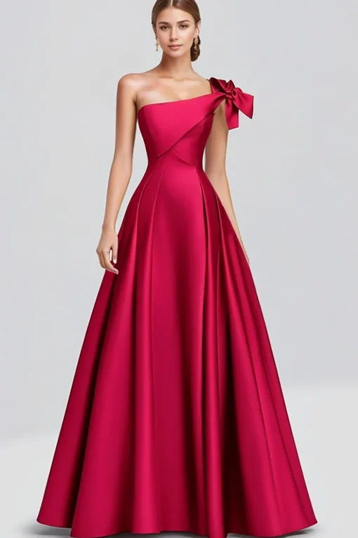Fuchsia A-Line One Shoulder Bow Satin Long Formal Dress