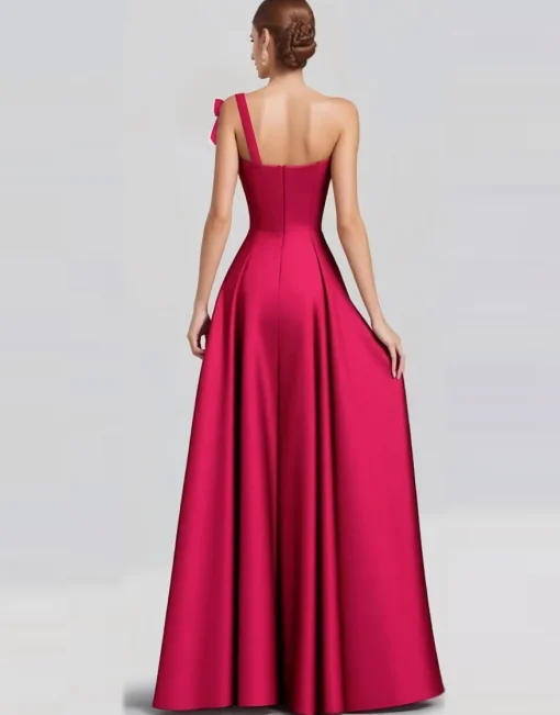 Fuchsia A-Line One Shoulder Bow Satin Long Formal Dress