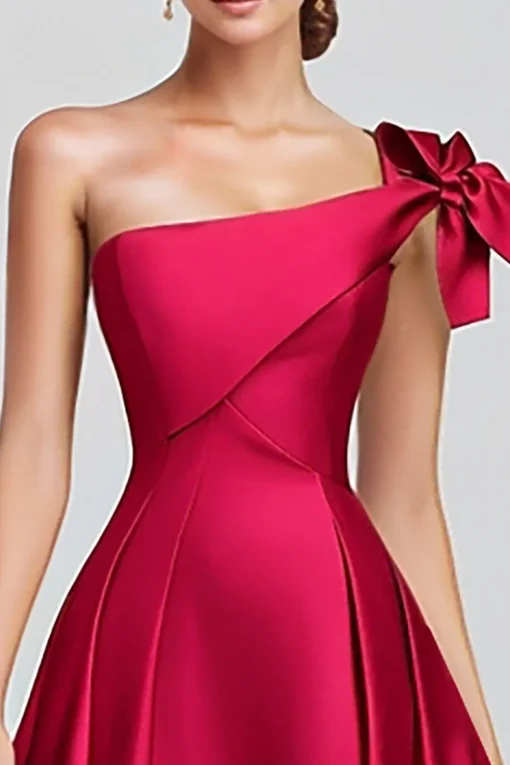 Fuchsia A-Line One Shoulder Bow Satin Long Formal Dress