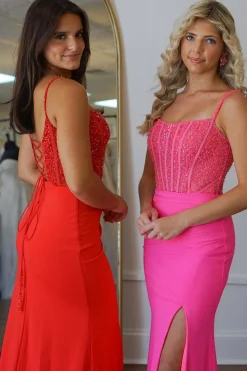 Fuchsia Corset Mermaid Spaghetti Straps Long Prom Dress with Slit