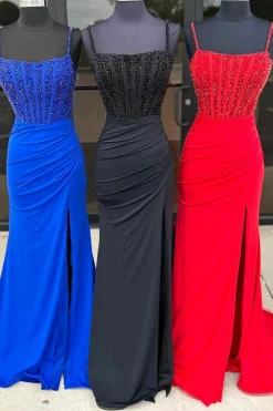 Fuchsia Corset Mermaid Spaghetti Straps Long Prom Dress with Slit