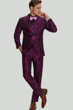 Fuchsia Floral Jacquard 3 Piece Men's Prom Suits