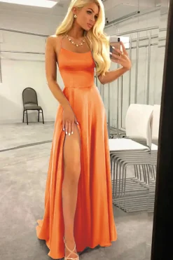Fuchsia Halter Backless A Line Satin Prom Dress with Slit