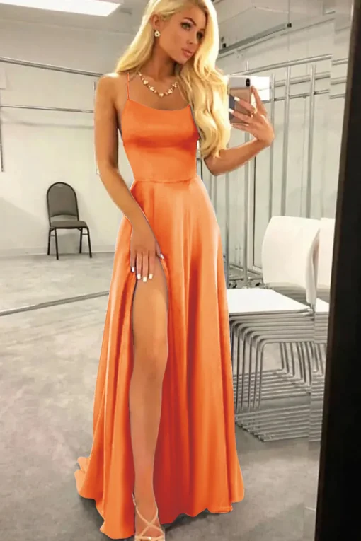 Fuchsia Halter Backless A Line Satin Prom Dress with Slit