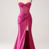 Fuchsia Mermaid Sweetheart Pleated Long Corset Satin Prom Dress With Slit