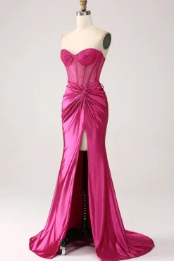 Fuchsia Mermaid Sweetheart Pleated Long Corset Satin Prom Dress With Slit