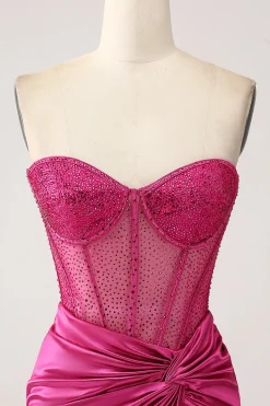 Fuchsia Mermaid Sweetheart Pleated Long Corset Satin Prom Dress With Slit