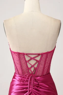 Fuchsia Mermaid Sweetheart Pleated Long Corset Satin Prom Dress With Slit