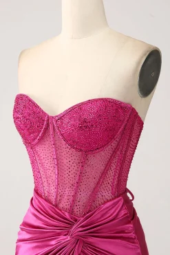 Fuchsia Mermaid Sweetheart Pleated Long Corset Satin Prom Dress With Slit