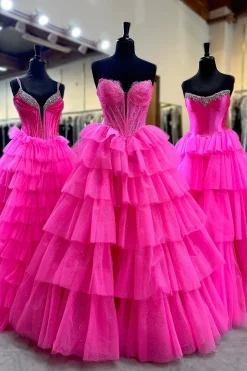 Fuchsia Tiered Tulle Strapless Corset A Line Long Prom Dress