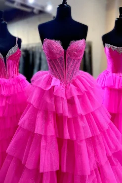 Fuchsia Tiered Tulle Strapless Corset A Line Long Prom Dress