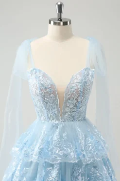Glitter Blue A Line Embroidery Tiered Homecoming Dress with Appliques