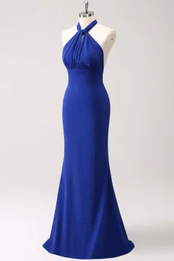 Glitter Blue Halter Bodycon Mermaid Bridesmaid Dress