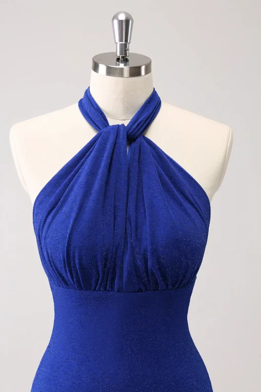 Glitter Blue Halter Bodycon Mermaid Bridesmaid Dress