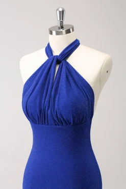 Glitter Blue Halter Bodycon Mermaid Bridesmaid Dress