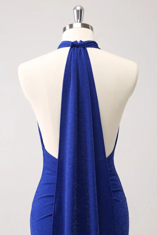 Glitter Blue Halter Bodycon Mermaid Bridesmaid Dress
