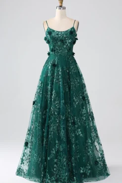 Glitter Dark Green Spaghetti Straps Lace Flower Long Corset Prom Dress