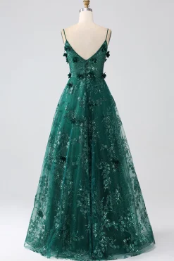 Glitter Dark Green Spaghetti Straps Lace Flower Long Corset Prom Dress