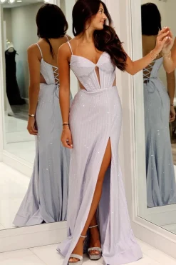 Glitter Lilac Mermaid Beaded Cut Out Long Corset Prom Dress with Slit