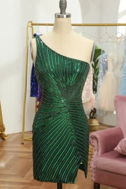 Glitter Orange One Shoulder Beaded Tight Homecoming Dress