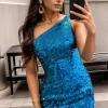 Glitter Royal Blue One Shoulder Sequins Tight Hoco Dress