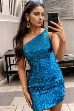 Glitter Royal Blue One Shoulder Sequins Tight Hoco Dress