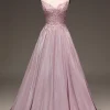 Glitter Spaghetti Straps Blush Prom Dress with Beading