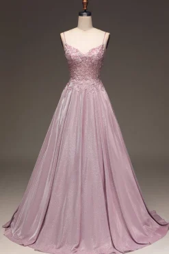 Glitter Spaghetti Straps Blush Prom Dress with Beading