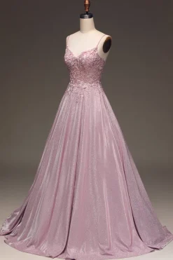 Glitter Spaghetti Straps Blush Prom Dress with Beading
