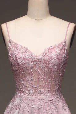 Glitter Spaghetti Straps Blush Prom Dress with Beading