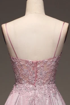 Glitter Spaghetti Straps Blush Prom Dress with Beading