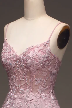 Glitter Spaghetti Straps Blush Prom Dress with Beading