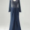 Glitter Twilight Mermaid V Neck Beaded Mother of Bride Dress with Appliques