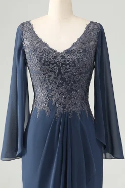 Glitter Twilight Mermaid V Neck Beaded Mother of Bride Dress with Appliques