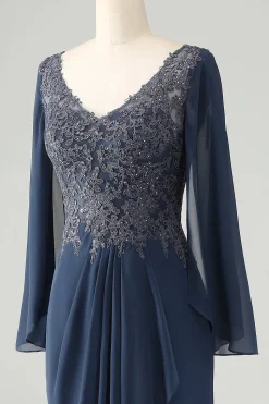 Glitter Twilight Mermaid V Neck Beaded Mother of Bride Dress with Appliques