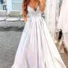 Glitter White Long Prom Dress with Pockets
