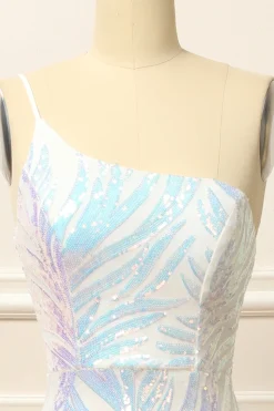 Glitter White One Shoulder Sequins Prom Dress