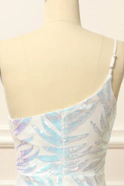 Glitter White One Shoulder Sequins Prom Dress