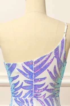 Glitter White One Shoulder Sequins Prom Dress