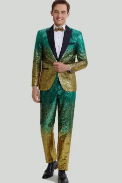 Gold Green Men's 2 Piece Notched Lapel Sequins Suits