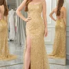 Golden Mermaid Spaghetti Straps Sequin Prom Dress With Slit