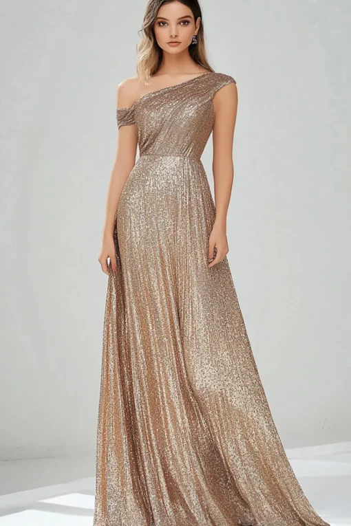 Golden One Shoulder Sequins A Line Long Prom Dress