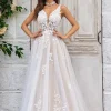 Gorgeous A Line Deep V Neck Champagne Tulle Wedding Dress with Lace