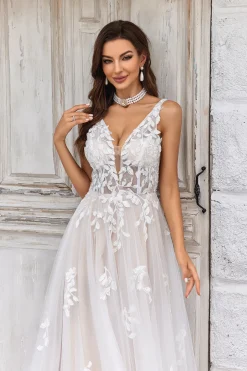 Gorgeous A Line Deep V Neck Champagne Tulle Wedding Dress with Lace