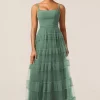 Gorgeous A Line Spaghetti Straps Eucalyptus Tulle Long Bridesmaid Dress